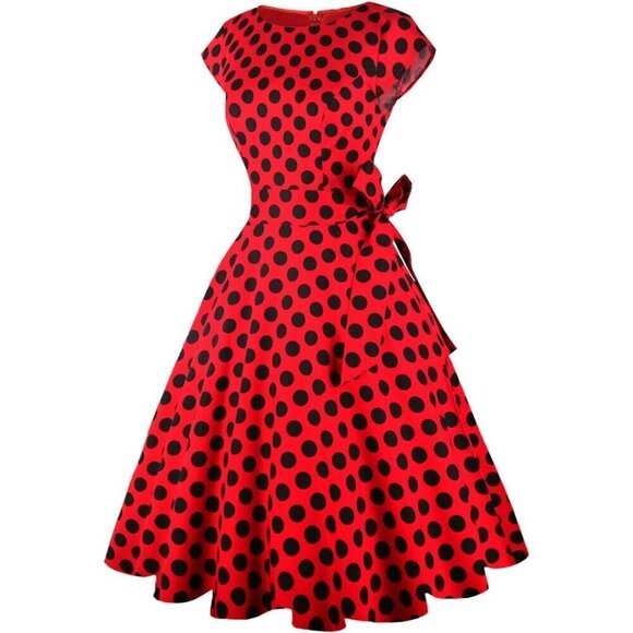 Women Red Boatneck Cap Sleeve Vintage Swing Cocktail Party Dress with Pockets - Picture 4 of 8